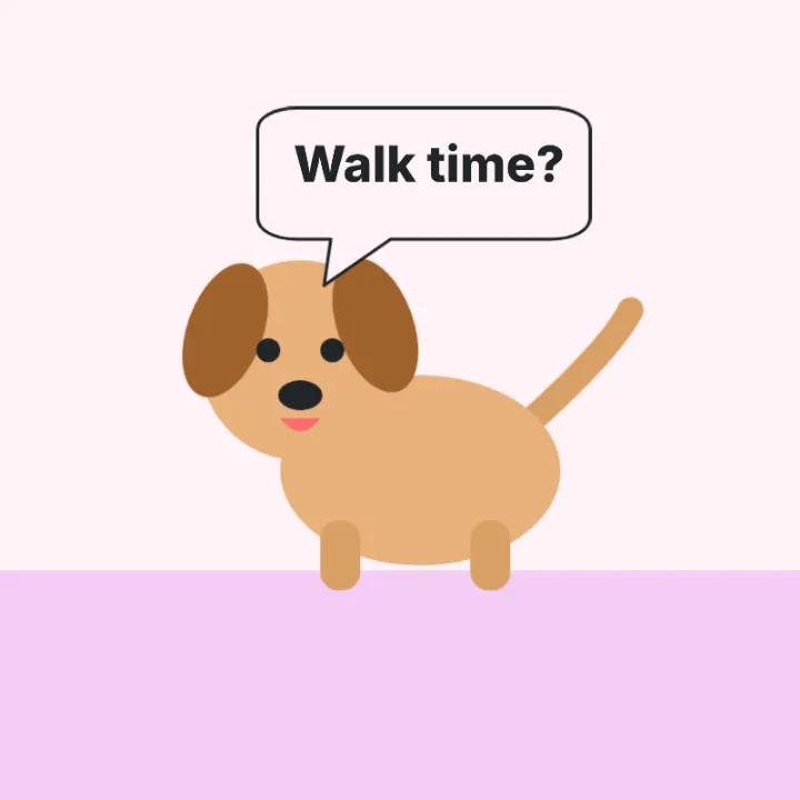 A GIF of a puppy wagging its tail with a white speech bubble from Elements over its head saying Walk time?