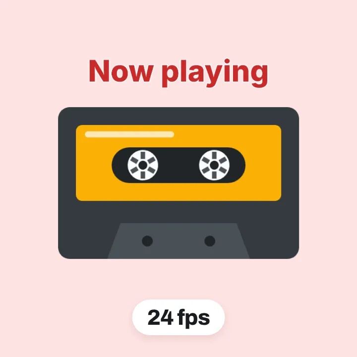 A GIF of a cassette tape, its reels turning, with the words Now playing in red, downloaded at 24 frames a second