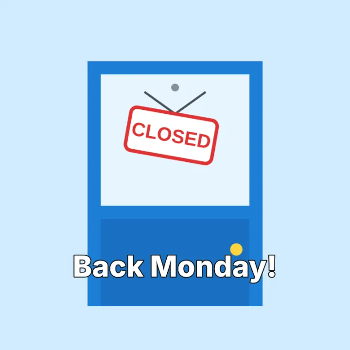 A GIF of a CLOSED sign swinging on a shop door with the words Back Monday! below it