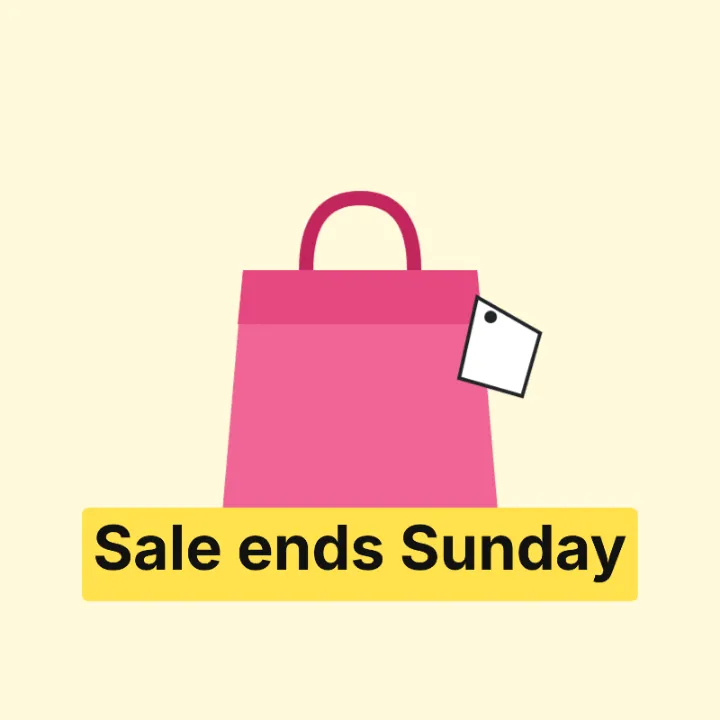 A GIF of a pink shopping bag bouncing with the words Sale ends Sunday on a yellow highlight