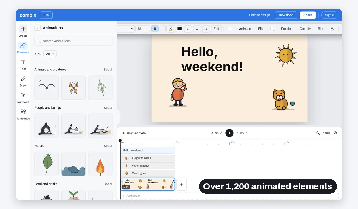 A page with Hello, weekend!, a smiling sun, a boy waving and a dog with a ball, and the Animations shelf open beside it