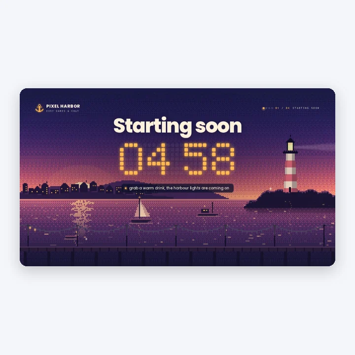 The Pixel Harbor stream template: Starting soon over a harbour at dusk