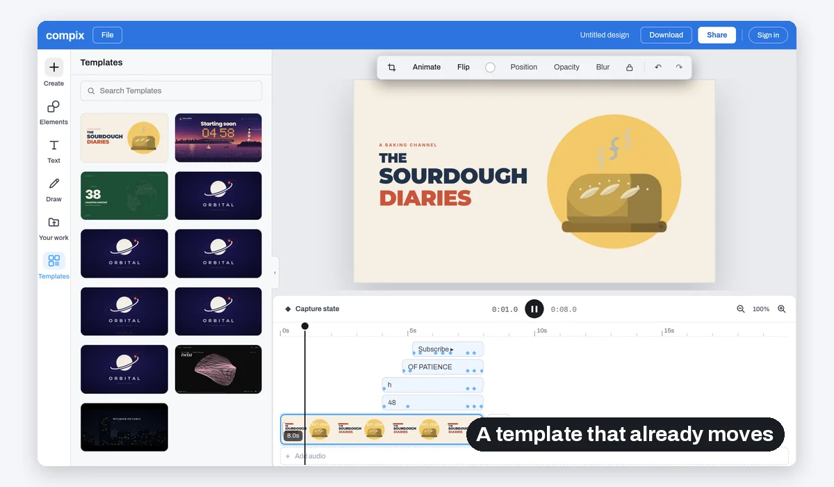 The Sourdough Diaries template playing in the editor, its titles and loaf on the page and their bars on the timeline