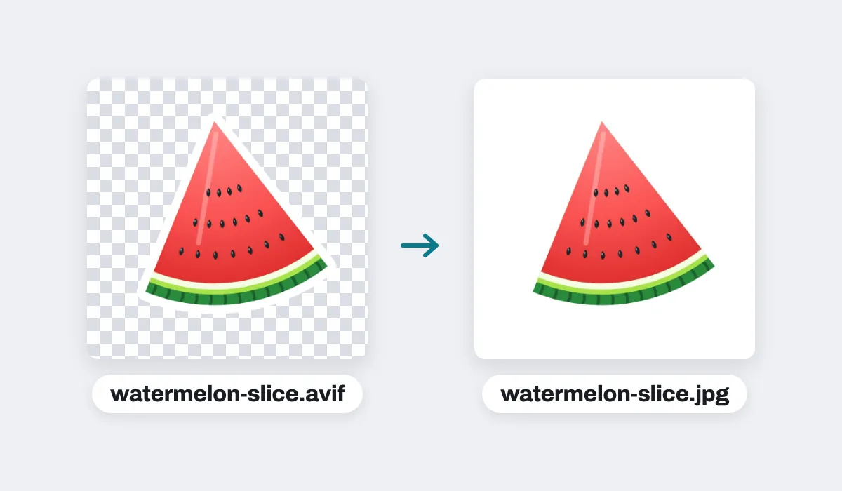 A watermelon slice sticker made as an AVIF with a see-through background, shown on a checkerboard, and the JPEG made from it, watermelon-slice.jpg, on white