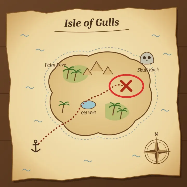 A treasure map of the Isle of Gulls with the X circled in red with an ellipse shape, saved as a JPEG