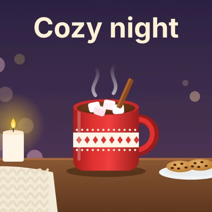 A red mug of hot cocoa with marshmallows by candlelight, with the words Cozy night typed above it, saved as a JPEG