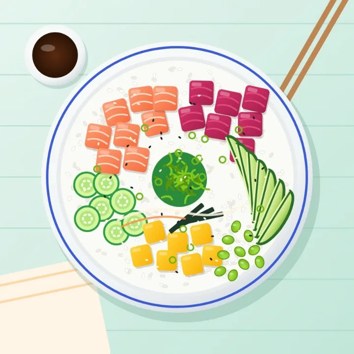 A poke bowl seen from above with salmon, tuna, mango and avocado on rice, made as an AVIF, as a JPEG