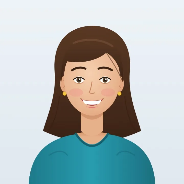 A passport-style portrait drawing of a smiling woman with brown hair, made as an AVIF, as a JPEG