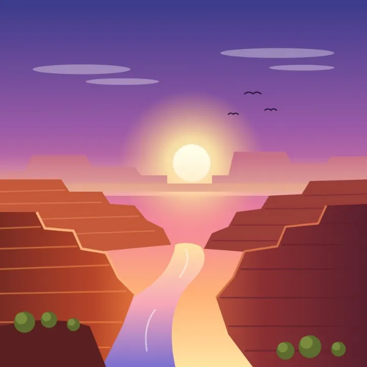 A red rock canyon at dawn with a river winding below, made as an AVIF, as a JPEG