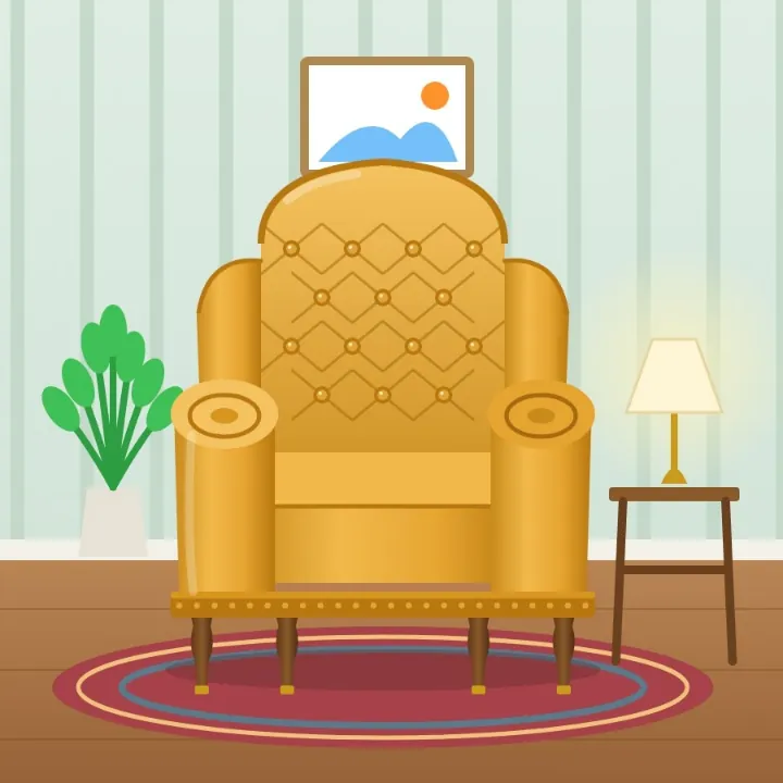 A tufted mustard velvet vintage armchair beside a lamp, made as an AVIF, as a JPEG