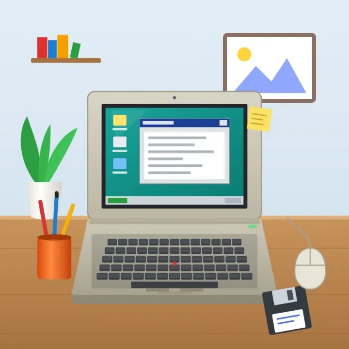 An old beige laptop on a wooden desk with a floppy disk and a corded mouse, made as an AVIF, as a JPEG