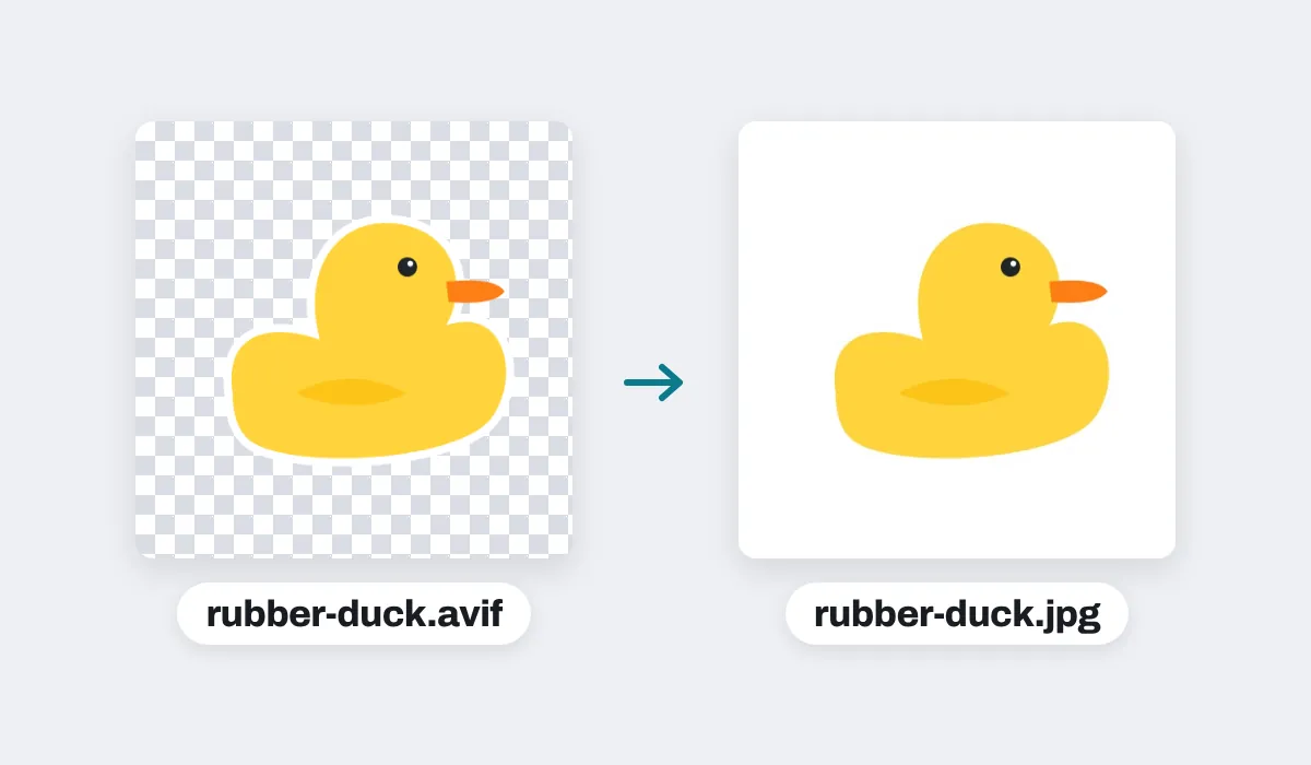 A rubber duck sticker saved as an AVIF with a see-through background, shown on a checkerboard, and the JPG made from it, its background white