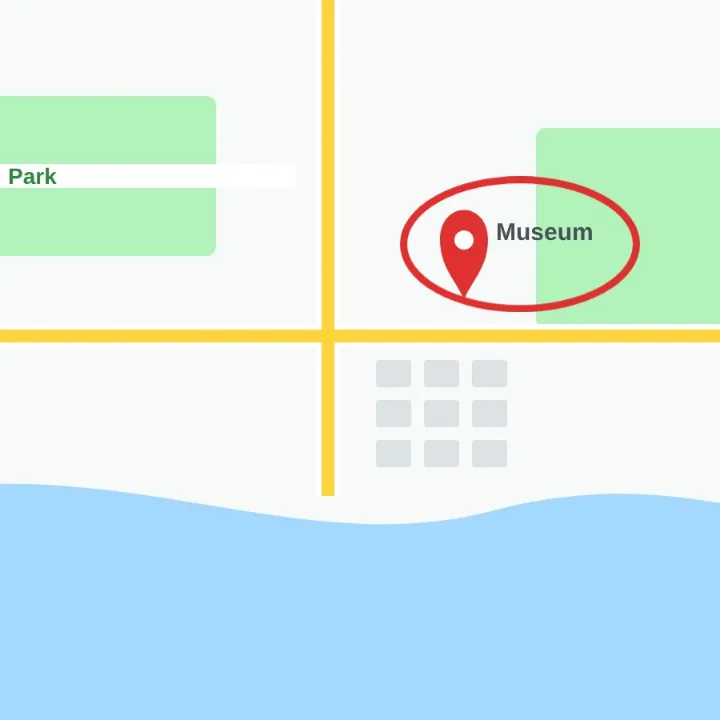 A town map with the museum pin circled in red with an ellipse shape, saved as a JPG