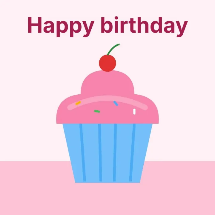 A pink cupcake with a cherry and the words Happy birthday typed above it, saved as a JPG
