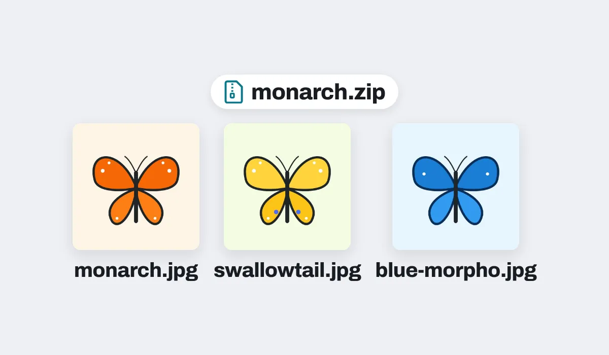 Three butterfly pictures saved as AVIF files, downloaded as JPGs in one zip, monarch.zip, each named after its file: monarch.jpg, swallowtail.jpg and blue-morpho.jpg