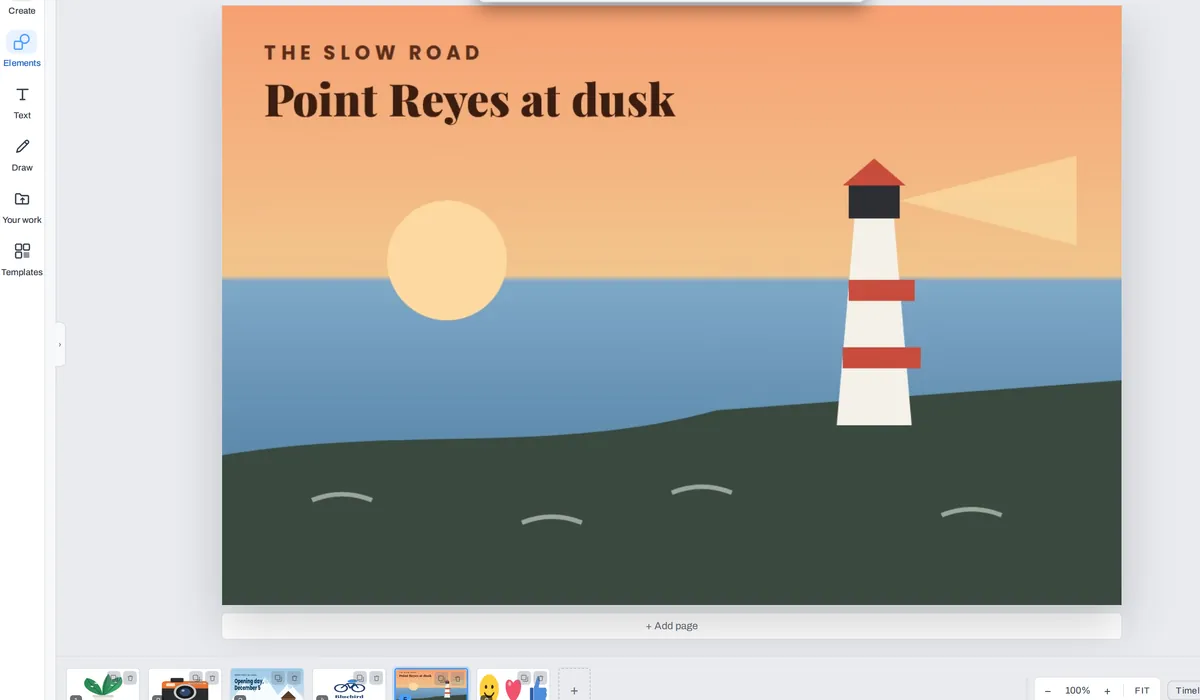 The editor with a lighthouse picture on its page, and the strip below with six AVIF images as six pages: a plant sticker, a camera, a banner, a logo, the lighthouse and reaction stickers