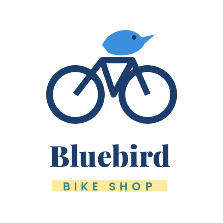 The words Bike Shop highlighted in yellow under the Bluebird logo