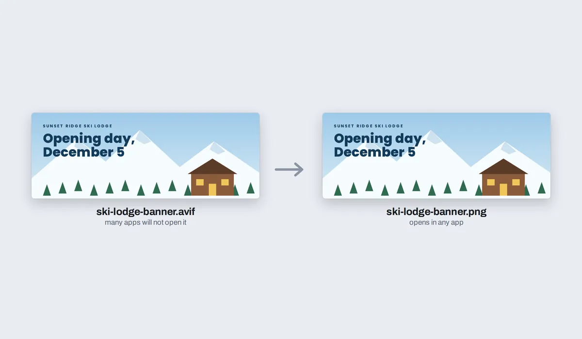 The ski lodge banner as an AVIF file and the PNG it became, side by side, the same picture