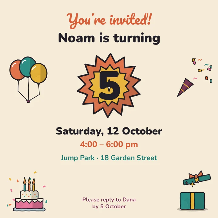 A fifth-birthday invitation on a cream ground, dissolving into the same invitation on mint