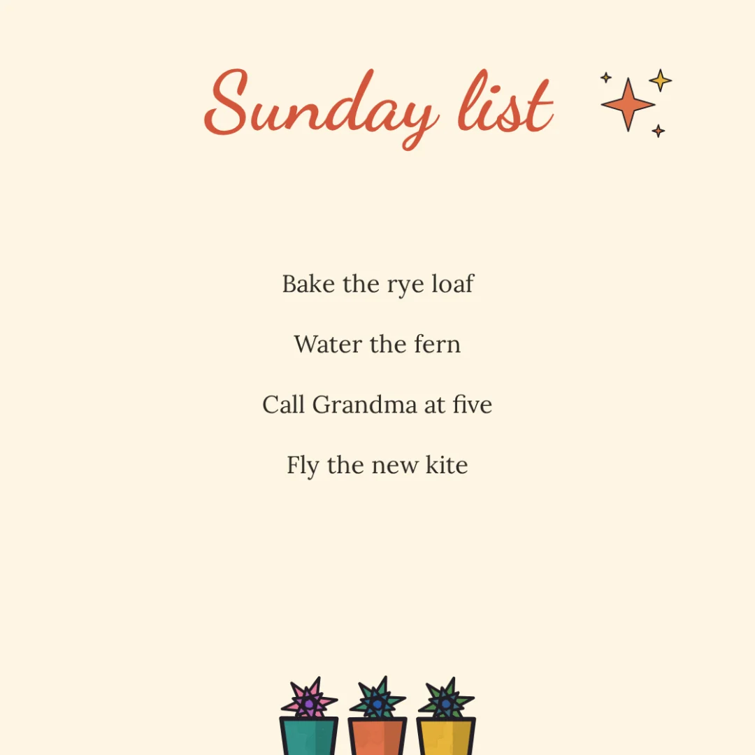 A Sunday list card shrunk to fit the screen, with a crop frame on its middle