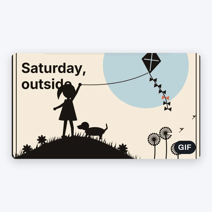 A frame of a GIF with the words Saturday, outside over a kite