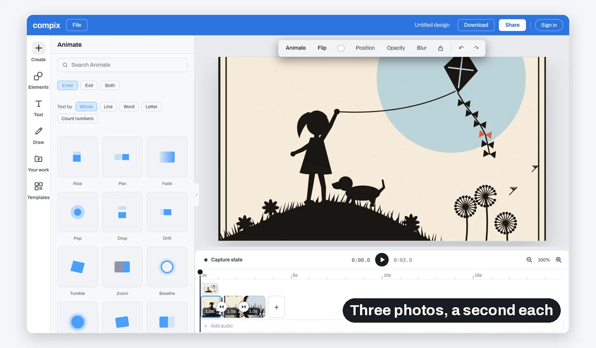 Three photos on three pages of one second each, the first on the page and the Animate moves beside it