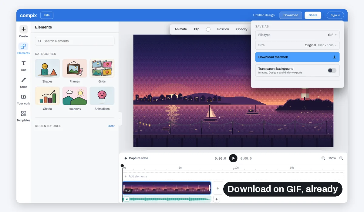 A harbour video on the timeline, with the Download menu open and GIF picked