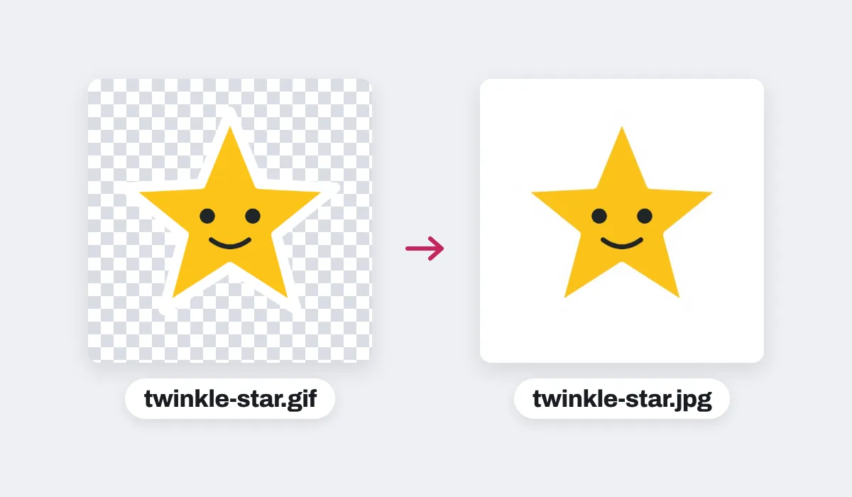 A twinkling star GIF with a see-through background, shown on a checkerboard, and the JPG made from its first frame, its background white