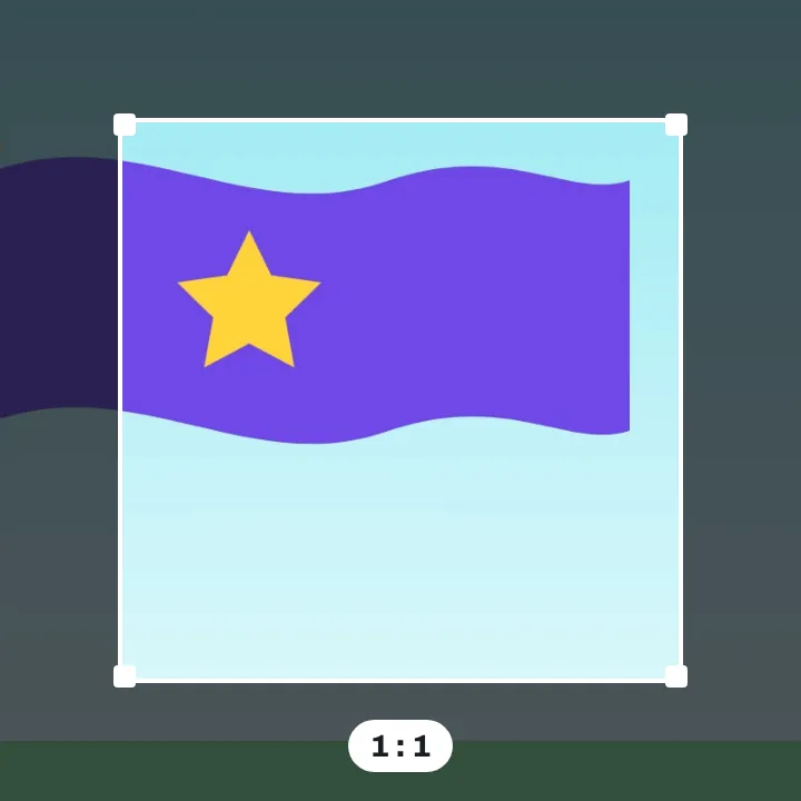 A purple flag with a yellow star on a pole, a square crop frame drawn over it, the parts outside dimmed