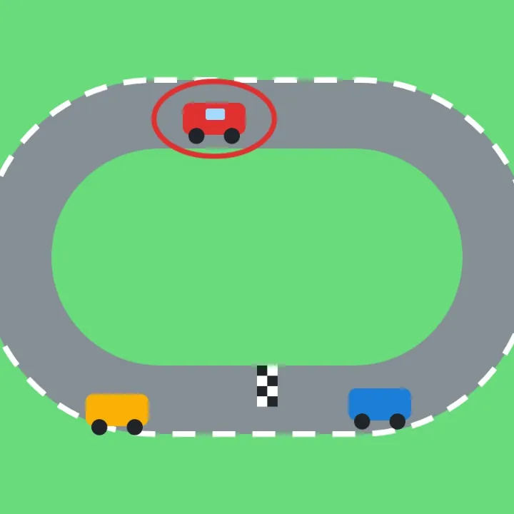 A race track with a red car circled in red with an ellipse shape, saved as a JPG