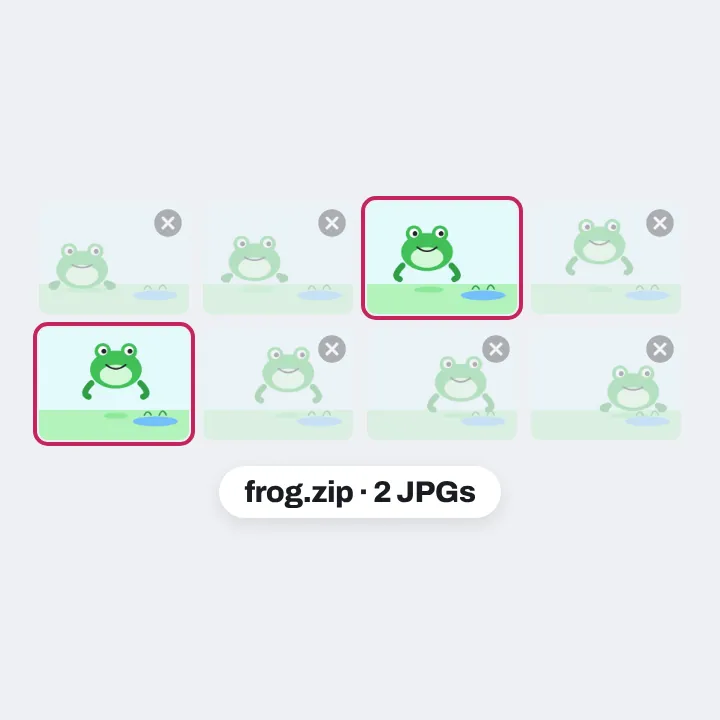 The eight frames of a hopping frog GIF, six crossed out and two kept, saved as frog.zip with two JPGs