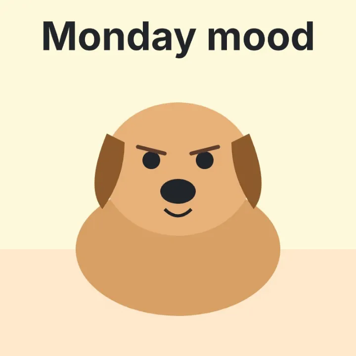 A grumpy dog frame of a GIF with the words Monday mood typed above it, saved as a JPG