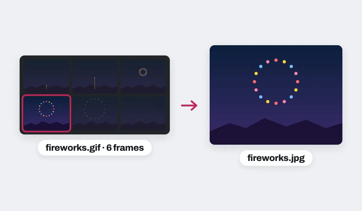 The six frames of a fireworks GIF, the fourth one picked, and that frame saved on its own as fireworks.jpg