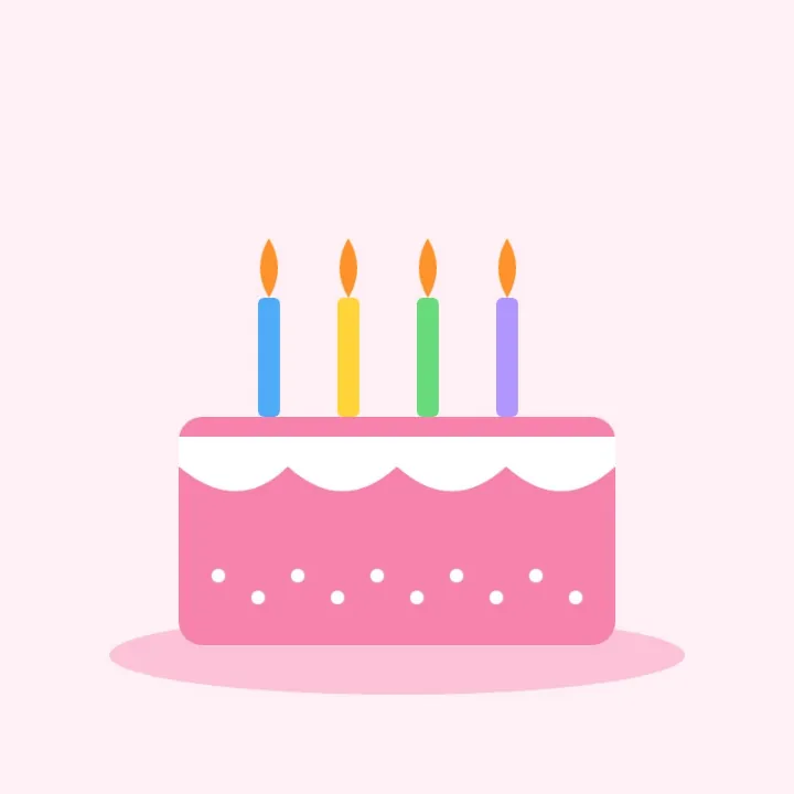 A pink birthday cake with four lit candles, a frame of a GIF, as a JPG