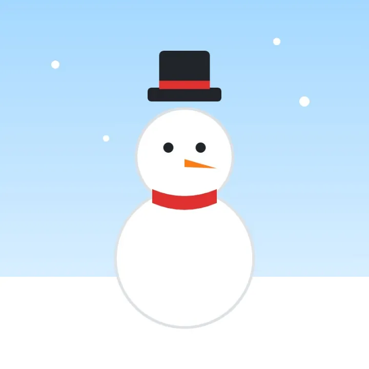 A snowman with a top hat and a red scarf in the snow, a frame of a GIF, as a JPG