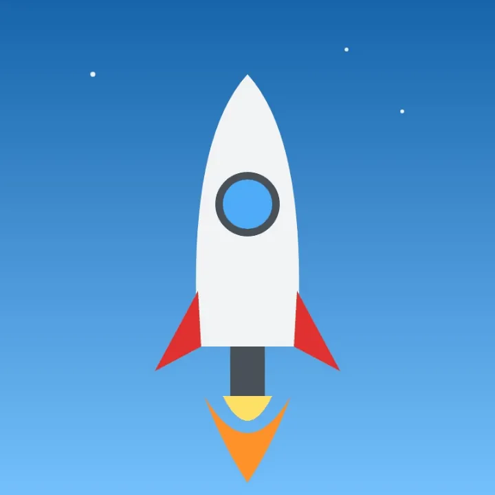 A white rocket taking off into a blue sky, a frame of a GIF, as a JPG