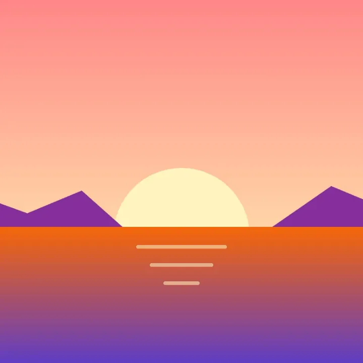A sunset over the sea between purple hills, a frame of a GIF, as a JPG