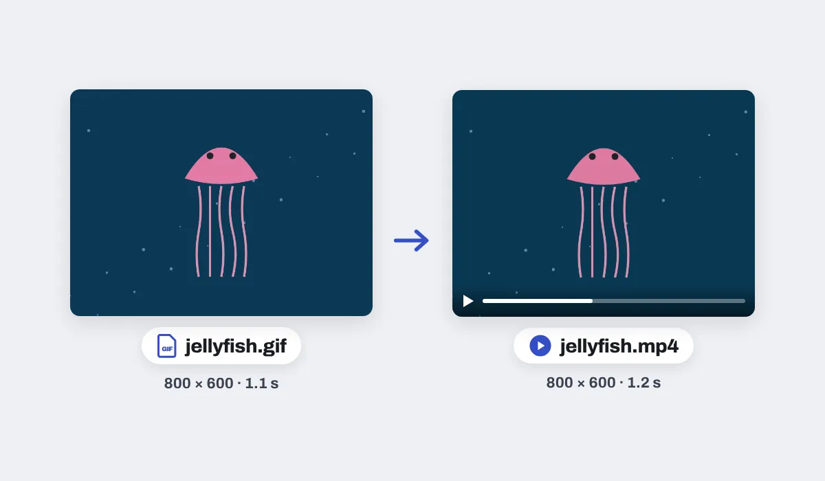 A jellyfish GIF made for this page, jellyfish.gif, 800 by 600 and 1.1 seconds, and the MP4 the app made of it, jellyfish.mp4, 800 by 600 and 1.2 seconds, the same picture with a video's play bar