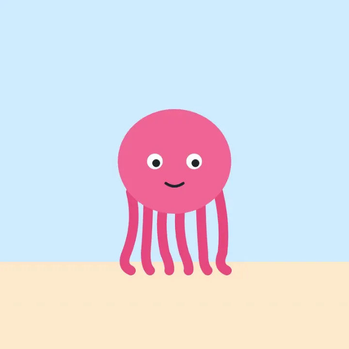 An octopus GIF made into an MP4, a smiling pink octopus waving its arms