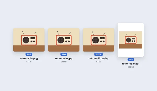 A retro radio saved four ways, as a PNG of 1.7 MB, a JPG of 219 KB, a WebP of 117 KB and a PDF of 220 KB