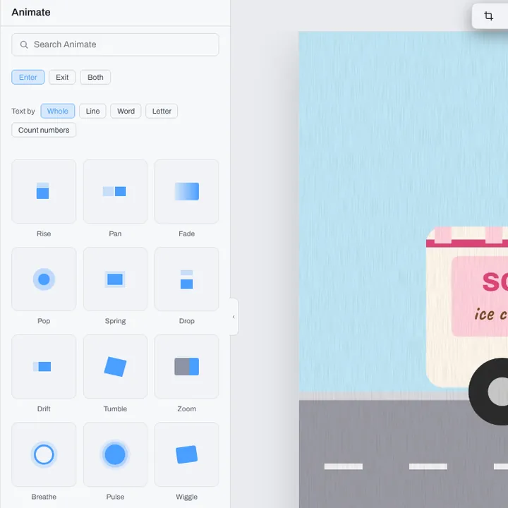 The Animate panel of presets beside the ice cream truck