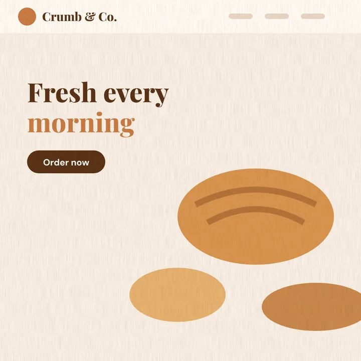 The Crumb and Co. bakery website header, Fresh every morning, with loaves of bread