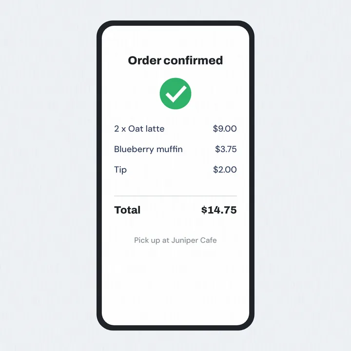 A phone screenshot of an order confirmed at Juniper Cafe, $14.75