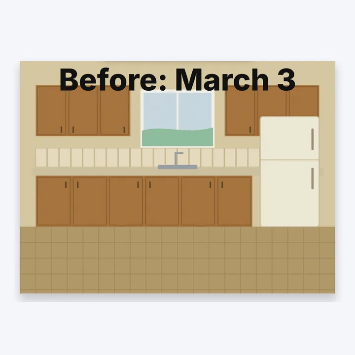 The before photo of the Cedar Lane kitchen in the editor with the word Before: March 3 typed above the cabinets