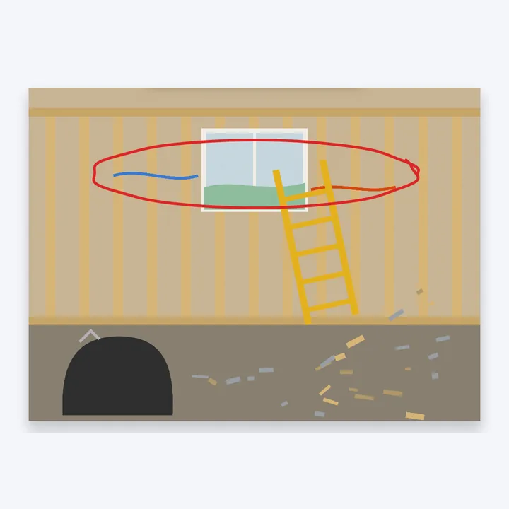 The demolition photo of the kitchen with the old wiring circled in red with the Pen