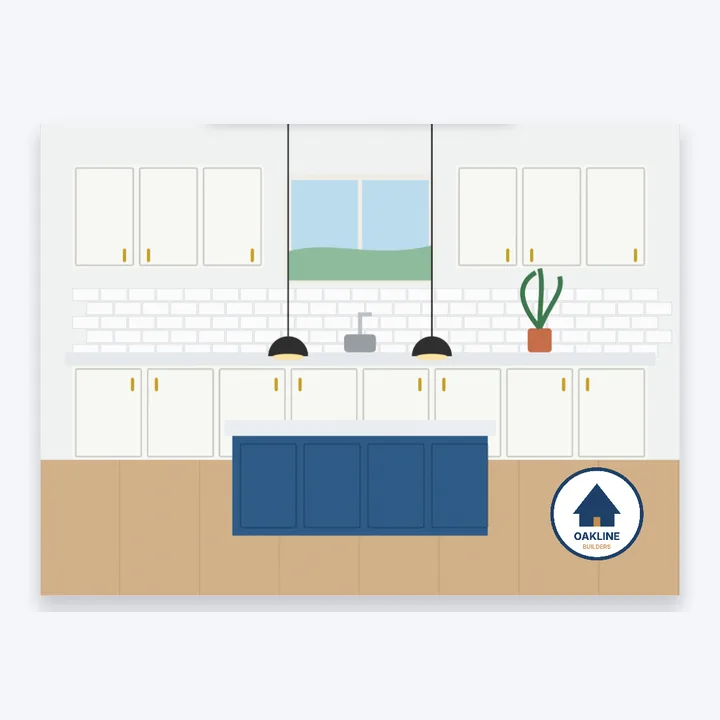 The finished kitchen with the round Oakline Builders logo placed in its corner