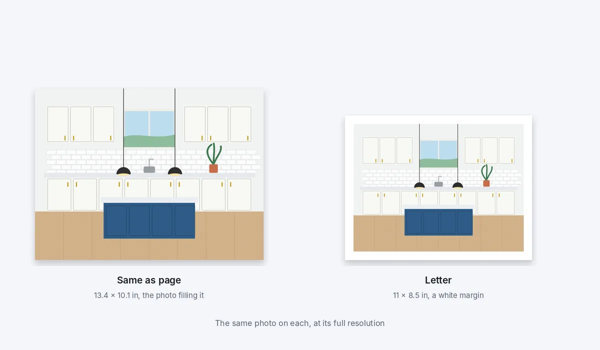 The finished kitchen on a page the size of the photo, and on a Letter page inside a white margin, drawn to scale