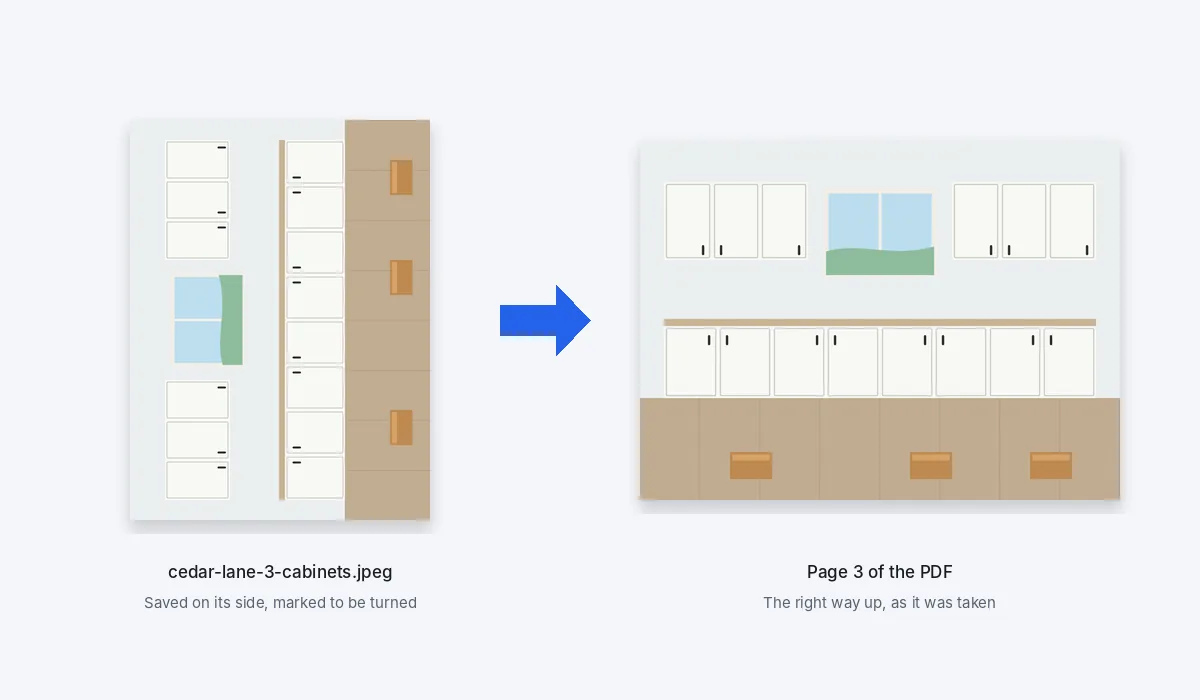 A photo of new kitchen cabinets as the file holds it, on its side, and the same photo upright on page 3 of the PDF