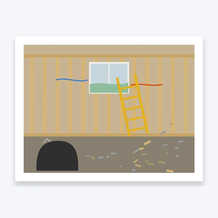 A Letter page of a PDF with a photo of a kitchen stripped to the studs, a ladder against the wall