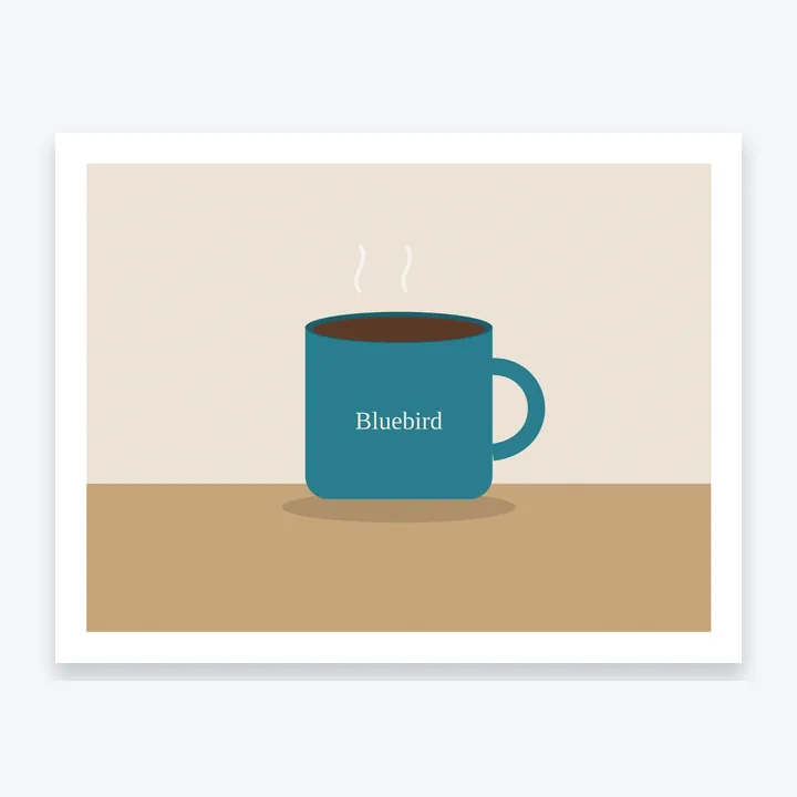 A Letter page of a PDF with a photo of a teal mug with the word Bluebird on it